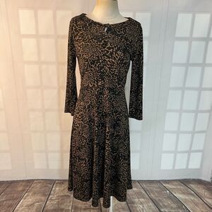 Lands End Brown Black Abstract Slip On Long Sleeve Business Casual Dress Small